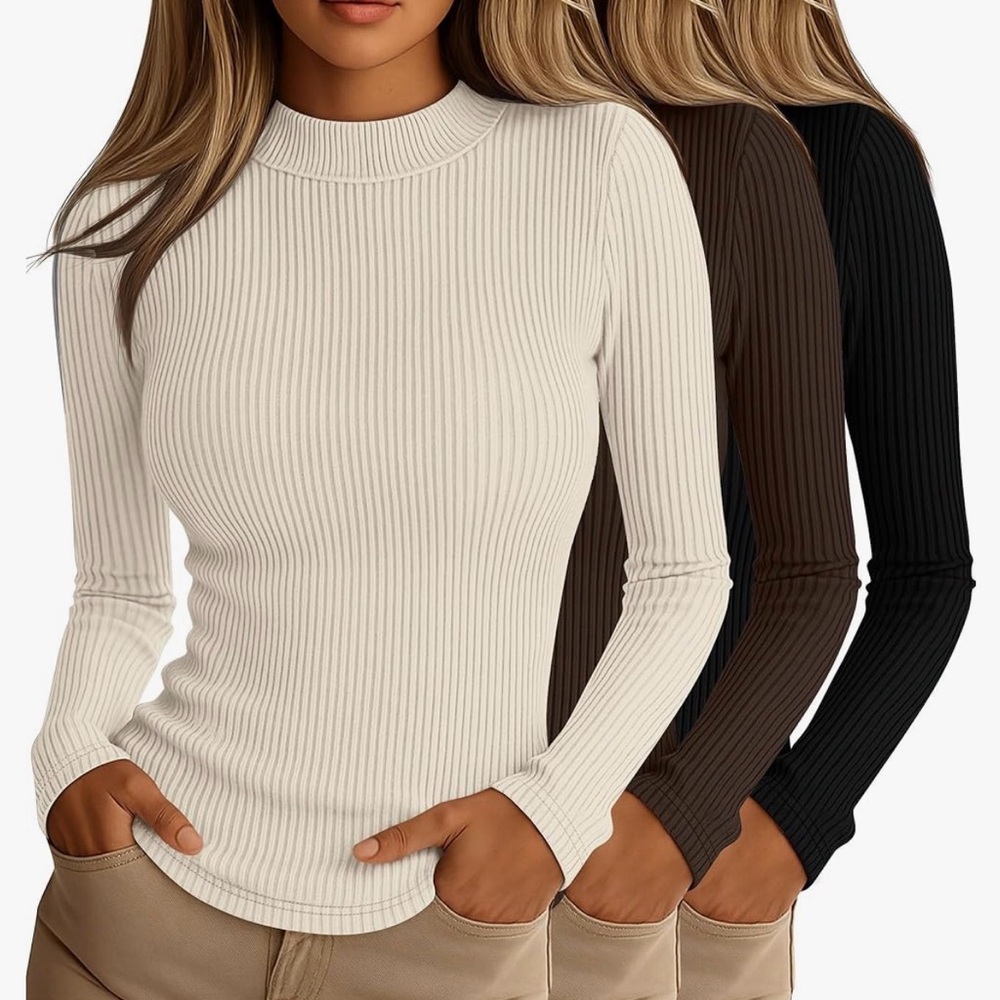 Ribbed Long Sleeve Crewneck Top - Ivory, Brown, Black (set of 3)